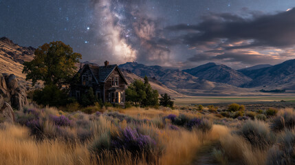 A wooden house is in the large farm and milky waty mountain landscpe is background.