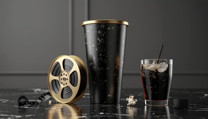 Obraz premium Vintage film reel popcorn and soda drink on a reflective surface movie