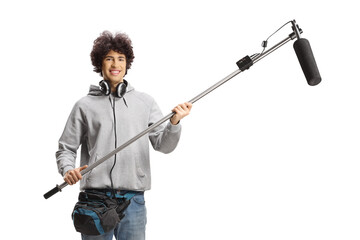 Boom operator with headphones and microphone