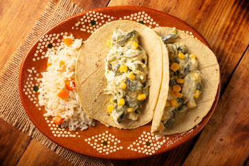 Rajas con Crema. Very popular dish in Mexico that consists of strips of poblano chili with cream, it is served as a garnish or in tacos, it is a typical recipe in Mexican Tacos de Guisado.