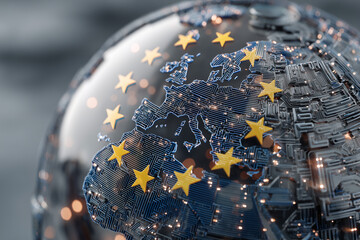 European Union Digital Globe — 3D circuit-board map of Europe with golden stars, a futuristic concept of connectivity, cybersecurity and fintech integration