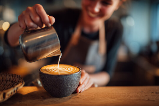 Smiling barista pouring velvety steamed milk to create intricate latte art in a textured ceramic cup — warm cozy specialty coffee moment