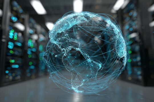 Holographic Global Network Floating in a Data Center — Connected Earth Visualization of Real-Time Internet Traffic, Cloud Infrastructure and Connectivity