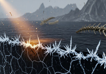 Abstract Scene of Ice Crystals and Sea Serpent Skeletons in Water