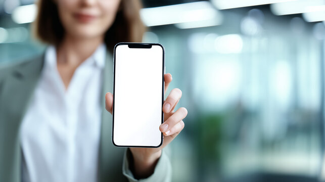 Confident businesswoman holding a smartphone with a blank white screen, ideal for digital mockup presentations and branding displays. - Powered by Adobe