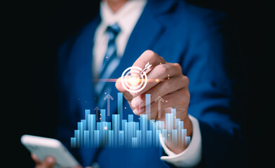 business growth chart Up arrow sign, businessman hands showing graph with up arrow, company growth Future successful business, development to achieve goals Return on investment.