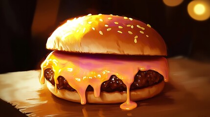 A delicious cheeseburger with melting cheese, sesame seeds on the bun, and a dark background