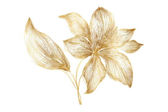 Elegant Gold Flower and Leaf Illustration on Transparent Background for Decorative and Artistic Designs