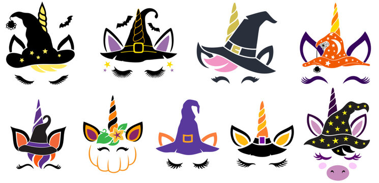 Colorful Halloween witch unicorn set &mdash; cute gothic spooky unicorns with pumpkin, cat ears, stars and magic hats