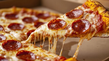 Close up of a slice of pepperoni pizza being lifted from the box with cheese dripping down in a restaurant