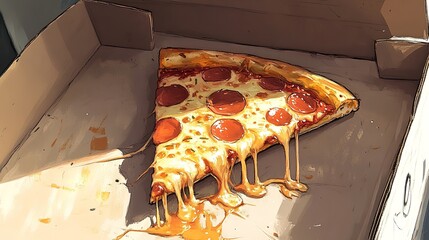 A single slice of pepperoni pizza with dripping cheese in a cardboard box looks appetizing