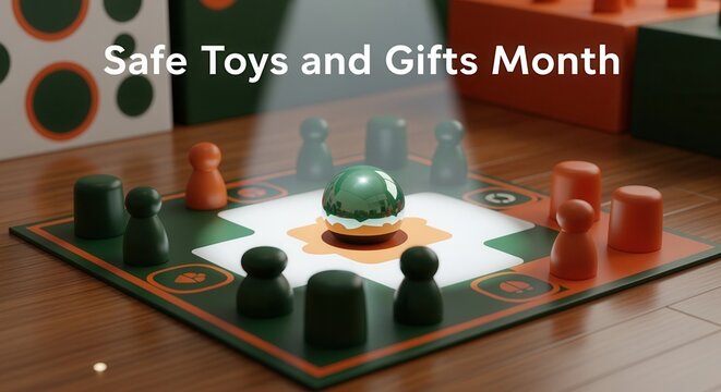 3D illustration for Safe Toys and Gifts Month. Modern board game with pawns on a wooden table representing child safety and consumer awareness
