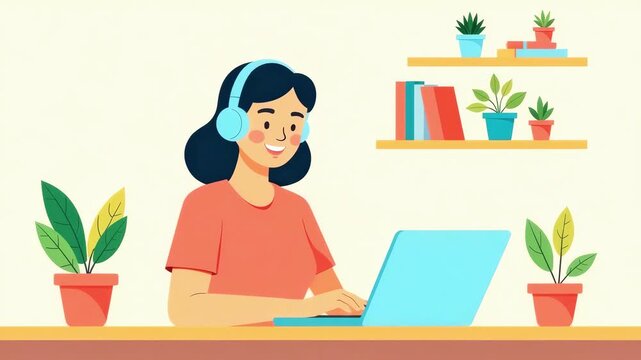 Smiling freelancer girl with headphones working on a laptop in a home environment with a modern interior, online work concept, call center, student, cartoon vector style
