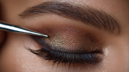 Close-up shot of a professional makeup artist applying mascara to a client, highlighting detailed eye makeup, beauty care, and cosmetic application in a clean, well-lit setting.
