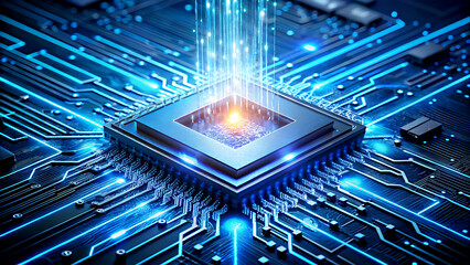 Advanced microchip with glowing core complex circuit board design for high technology and computer science applications