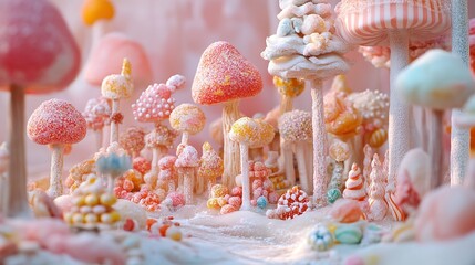A pastel candy land with mushroom houses and lollipop trees in a sweet fantasy landscape