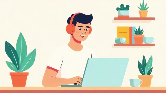 Smiling freelancer guy with headphones working on a laptop in a home environment with a modern interior, online work concept, call center, student, cartoon vector style