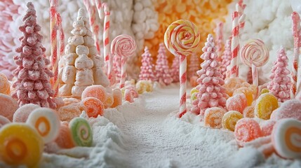 Enchanting candy land with lollipop trees and gumdrop pathways creating a whimsical and sweet wonderland
