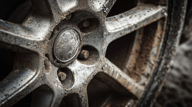 Close-up of a dirty car wheel with a muddy tire and stained alloy rim, showing rough texture, grime, and rugged details suitable for automotive or maintenance themes.