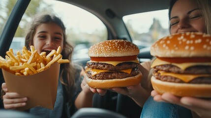 Excited family enjoys a fast food feast in their car with burgers and fries on a road trip