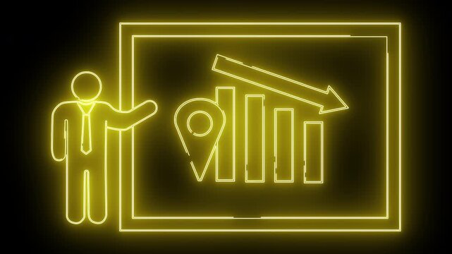 Yellow neon drawing Business presentation location pin graph bar and arrow