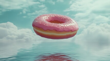 Pink donut with sprinkles floating above water with clouds in the background, creating a surreal scene