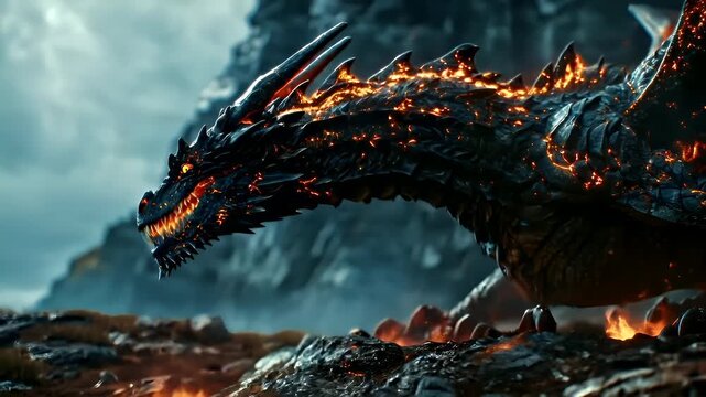 A vivid, highresolution digital artwork of a fiery dragon in a mountainous landscape. The dragon is depicted in a dynamic pose, with its wings spread wide and its mouth open, revealing sharp teeth.