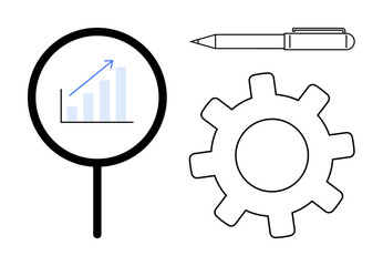 Magnifying glass highlighting a bar chart with upward trend, gearwheel symbolizing processes, and a pen for strategy planning. Ideal for growth, productivity, planning, analysis, innovation, process