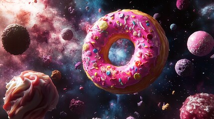 A cosmic donut with pink frosting and sprinkles surrounded by planets and nebula in space