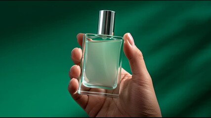 Delicate hand holds a sleek perfume bottle, its clear liquid softly glowing. High-contrast cinematic elegance on rich green, symbolizing allure