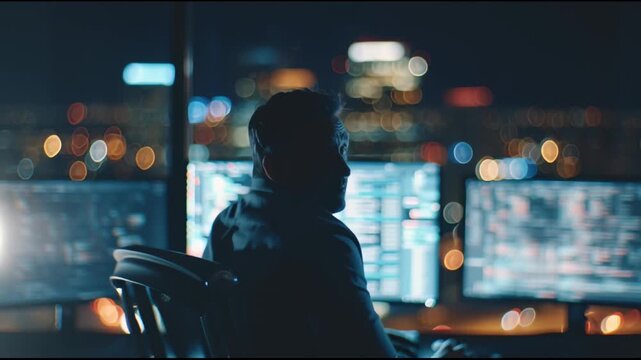 Focused technologist working late at night in a modern office, silhouetted by city lights and an array of glowing computer screens