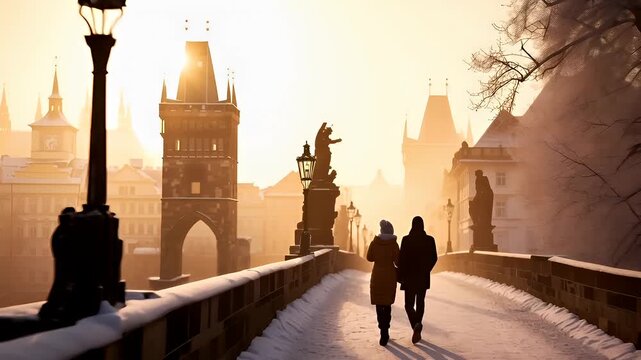 Prague, Czech Republic, Europe. Aerial view of a cityscape during winter, with snowcovered rooftops and a couple walking on a bridge. The scene is bathed in a warm, golden hue.