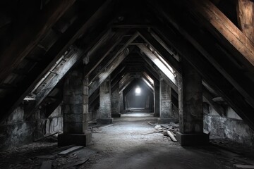 Eerie Abandoned Attic: A Dark Corridor of Ancient Decay and Haunted Shadows