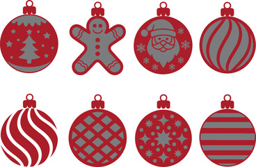 Christmas ornament vector set, festive red and gray decorations including Santa, tree, gingerbread, and patterned baubles for holiday design and print