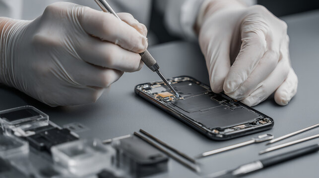 Close-up hands repairing a smartphone with precision tools, showing delicate electronic components and technical repair work in detail.