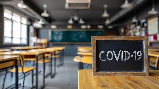 A classroom setting featuring a chalkboard with 'COVID-19' written on a small wooden frame, symbolizing educational challenges.
