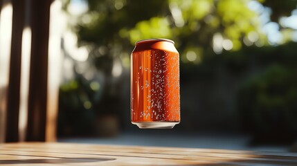 Refreshing orange soda can levitating above a wooden table in a sunlit outdoor setting, creating a refreshing and vibrant scene