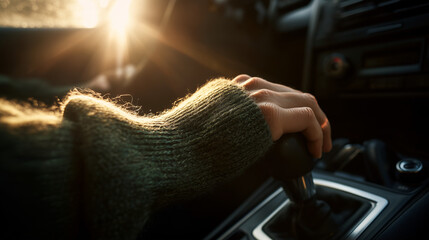 Close-up of a woman's hand on a car gear shift, showing a driving moment with focus on hand detail, control, and modern vehicle interior.