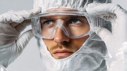 Close-up of a medical worker wearing full protective suit, showing detailed safety gear, sterile environment, and professional preparedness during healthcare procedures.