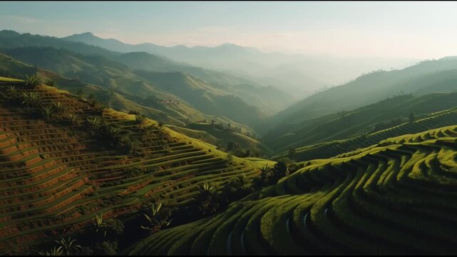 Green Rice Terraces Embracing Mountain Slopes A Stunning Panorama of Rural Beauty and Peaceful Serenity in the Valley