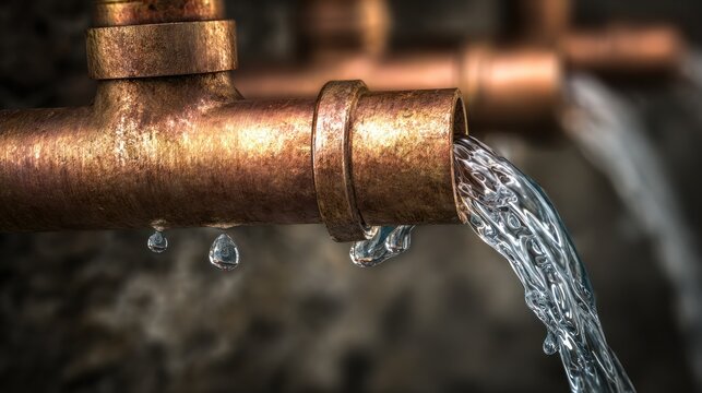 Water flowing from a copper pipe, close-up shot.