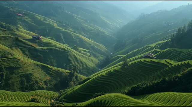 Expansive view of verdant rice terraces stepping down a majestic valley, enveloped in a gentle morning fog and soft light