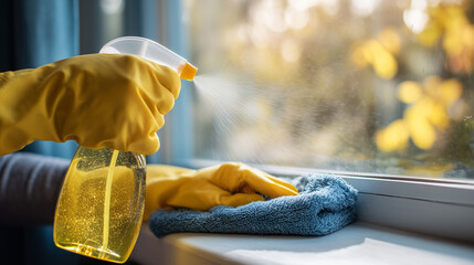 Close-up of a person cleaning a windowsill, showing hand wiping dirt with a cloth. Bright natural light, fresh tidy atmosphere, suitable for home care and cleaning themes.