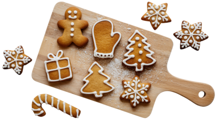 Festive holiday gingerbread cookies including a gingerbread man, tree, star, mitten, candy cane, and gift box artfully arranged on a wooden board.