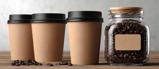 Three Coffee Cups and a Jar of Coffee Beans.