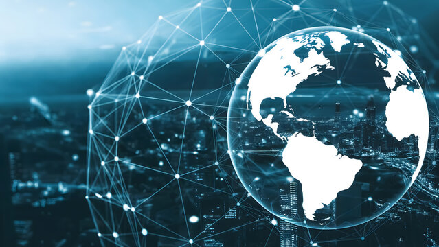 Dynamic global network connects futuristic cityscapes symbolizing digital transformation and worldwide connectivity