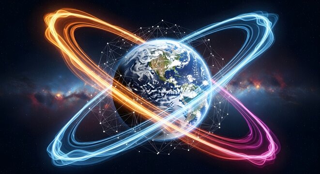 Vibrant glowing energy rings orbit a detailed planet earth against a cosmic nebula background - Powered by Adobe