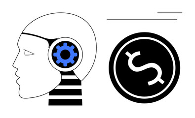 Human-thumbs up robotic head with blue gear and dollar coin, symbolizing AI, automation, finance, innovation, business efficiency, technology, and economic growth. Ideal for fintech solutions