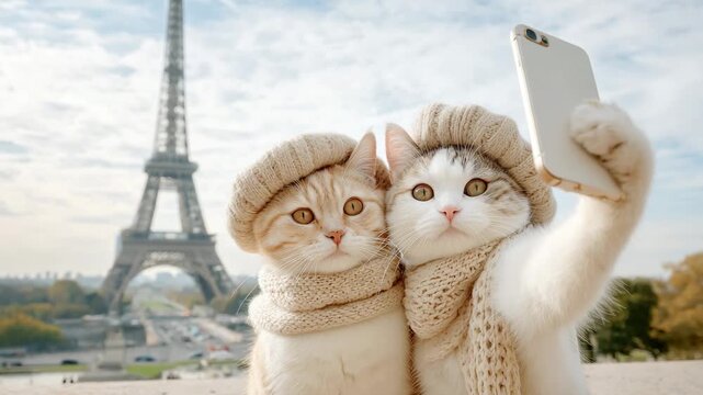 Two cute cats in Paris taking selfie near Eiffel Tower wearing knitted hats and scarves in autumn mood