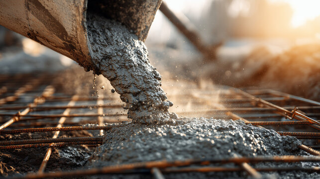 A concrete truck pours fresh wet cement onto a rebar grid at a construction site, capturing the raw industrial process of building foundations with precise detail.